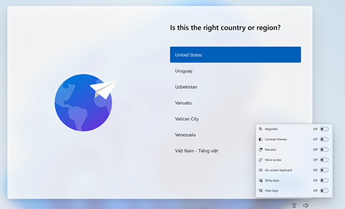 The Windows 11 setup screen asking 'Is this the right country or region?' with a scrollable list of countries and a Yes button.