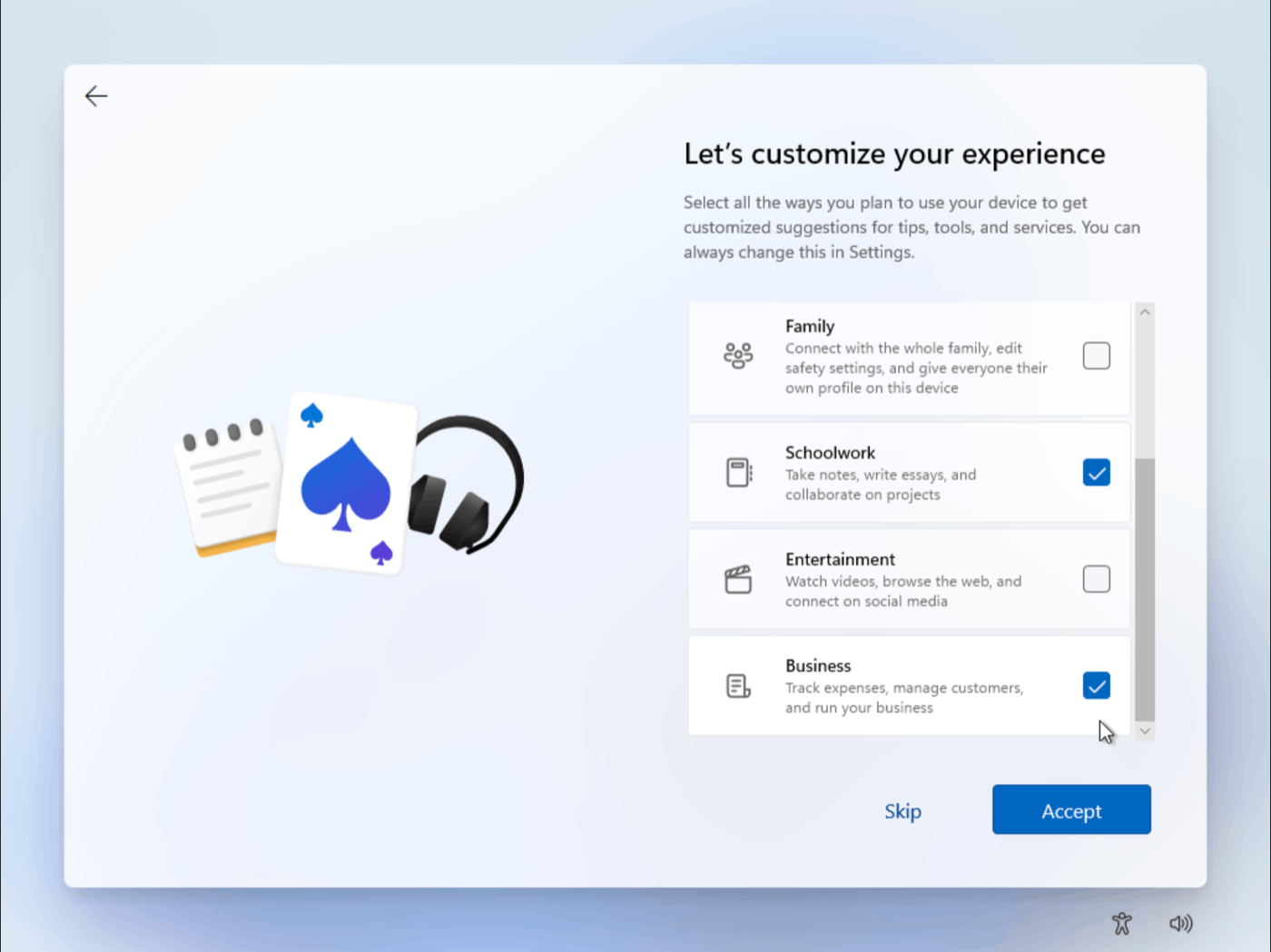 The 'Let's customize your experience' screen, one of the extra questions Windows may ask. It shows tick boxes for options like Family and Schoolwork, with Skip and Accept buttons.