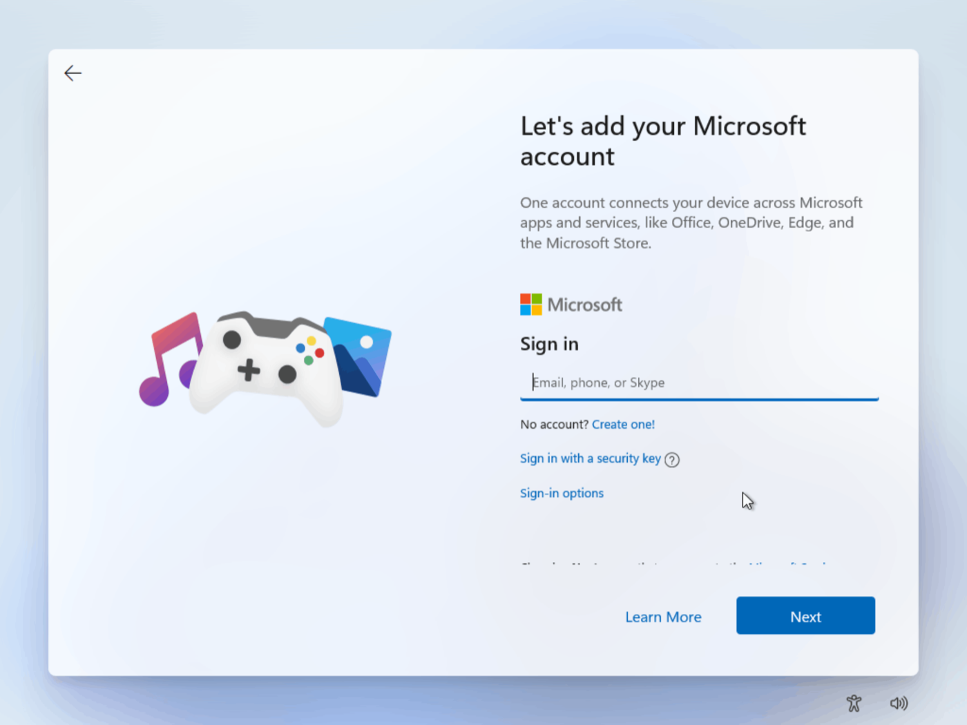 The Windows 11 setup screen titled 'Let's add your Microsoft account', with a box for typing your email address, a 'Create one!' link, and a Next button.