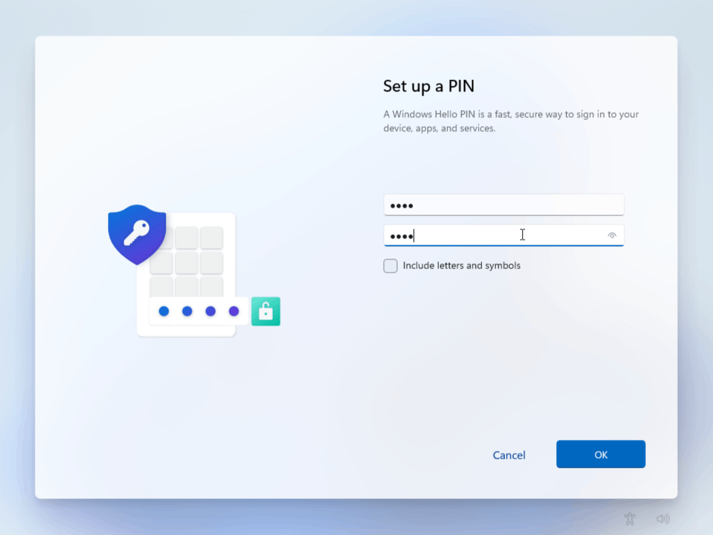 The Windows 11 'Set up a PIN' screen with two boxes for typing your new PIN, a Cancel button, and an OK button.