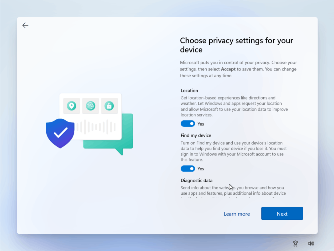 The 'Choose privacy settings for your device' screen with a list of switches for settings like location and Find my device, and a Next button.