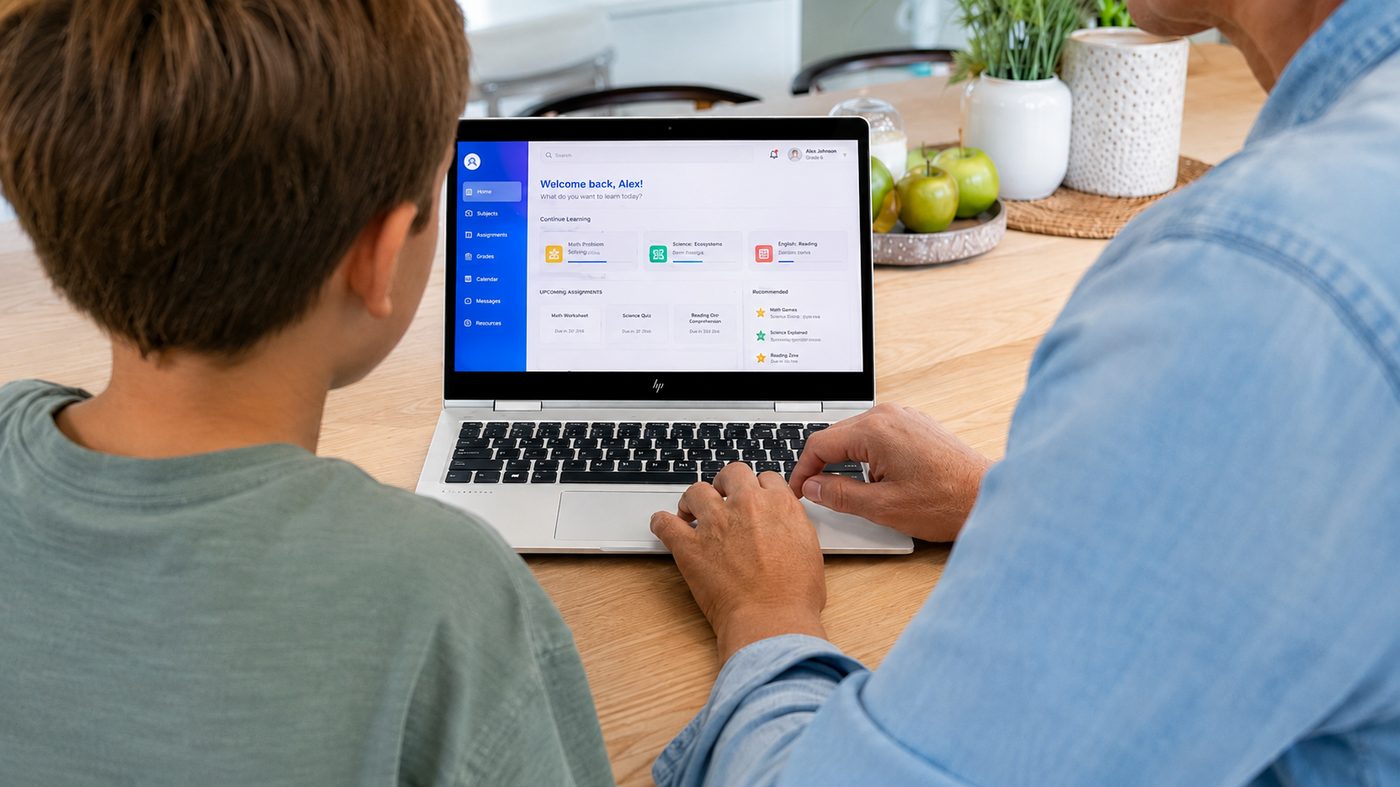 Parent and child using a laptop together at home