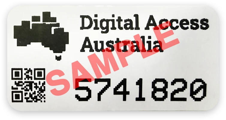 Sample Digital Access Australia sticker: the device ID is the large number printed next to the QR code