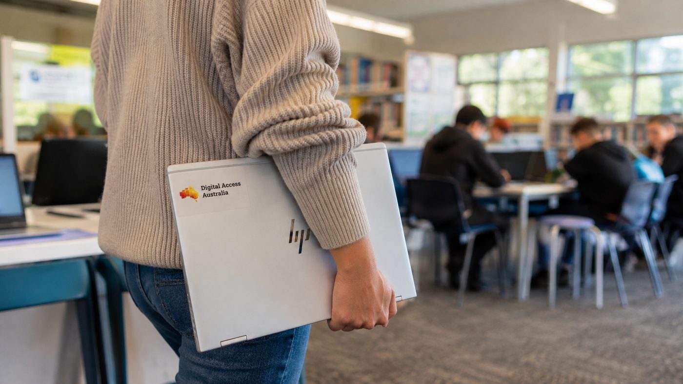 A Digital Access Australia laptop being carried into a busy school library