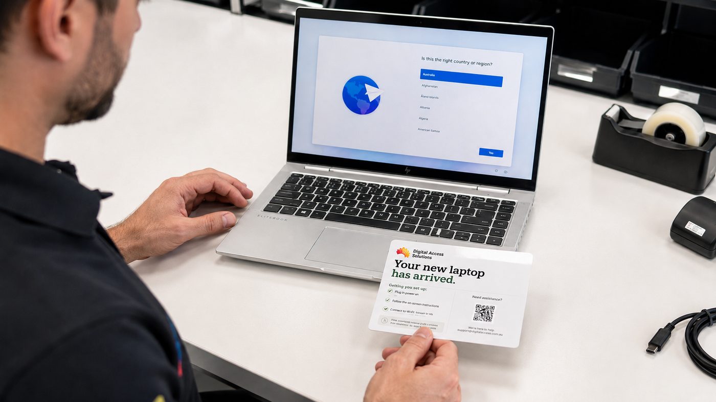 Technician preparing a refurbished laptop with its welcome card